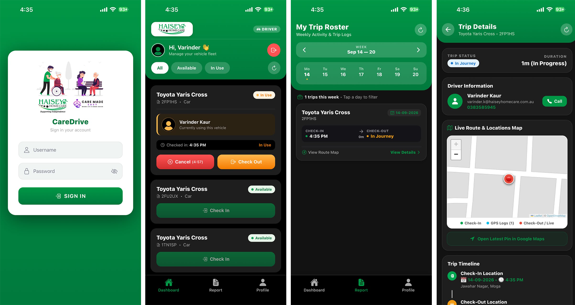 CareDrive vehicle fleet and driver management mobile application dashboard