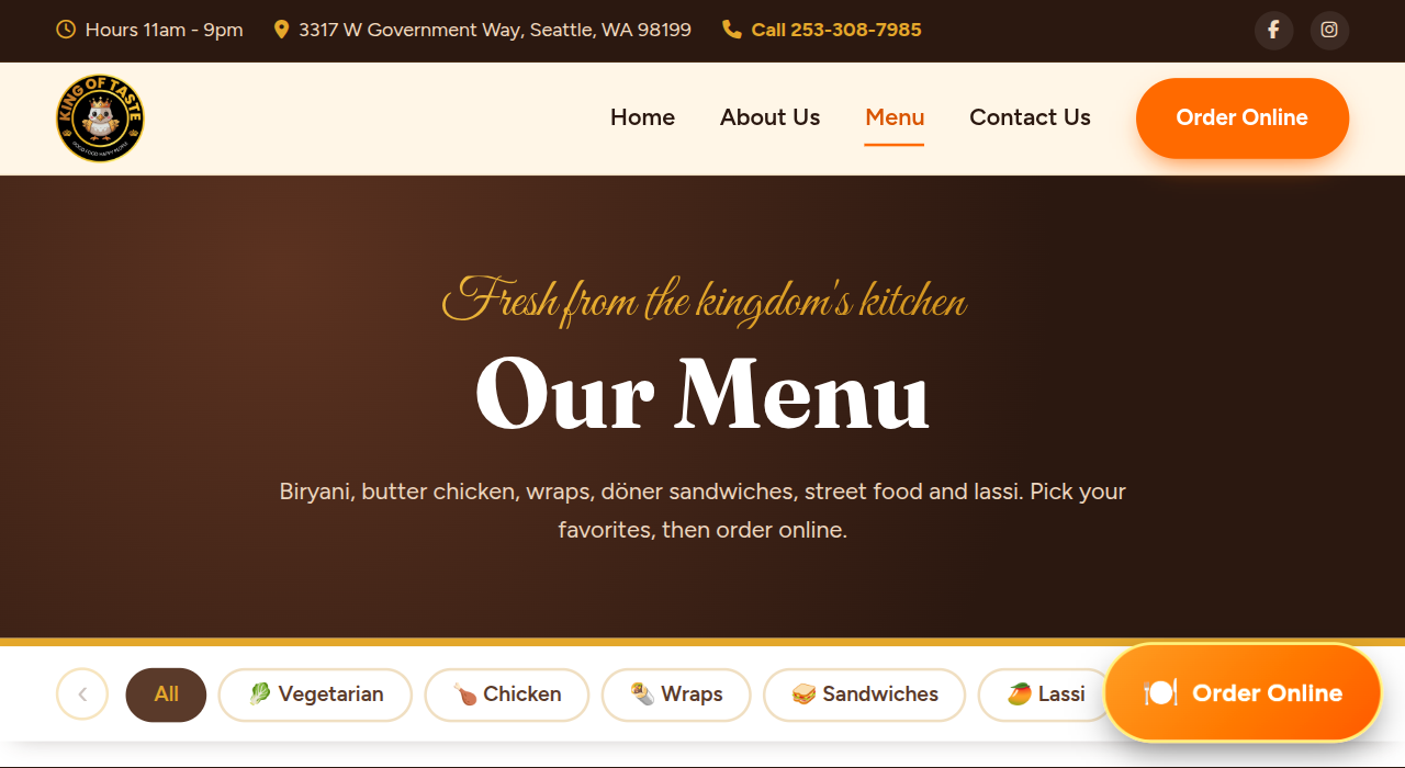 King of Taste restaurant website featuring North Indian fusion food